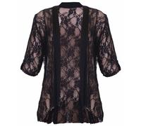 Womens Floral Lace Short Turn Up Cuff Sleeve Ladies Waterfall Front Open Cardigan Top Plus Size Black Size 26 - 28