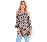 Womens Floral Leopard Camouflage Cold Shoulder Tunic Top - Ladies Ruffle Sleeve Blouse, Perfect Summer Tunic for Leggings, Available in Sizes 10-18 UK, Ideal Work or Casual Wear (Leopard, S)