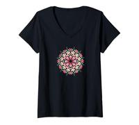 Women's Floral Mandala Illustration - Decorative Geometric Design V-Neck T-Shirt