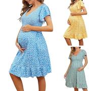 Womens Floral Maternity Dress UK Sale Clearance Ladies Ruffle Short Sleeve Nursing Dresses Pleated V-Neck Pregnant Dress Summer Elegant Breastfeeding Dress Baby Shower Pregnancy Dresses for Photoshoot