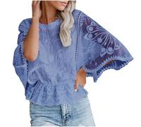 Womens Floral Mesh Lace Tunic Blouses See Through Loose Fit Tops Half Sleeve T Shirt Elegant Summer Layering Top