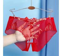 Women's Floral Mesh Panties, Comfortable Lace Trimmed Seamless Briefs with Unique Crotch Slit Design (L Red)