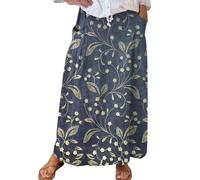Women's Floral Midi Skirts for UK Long Linen Skirts for UK A Line Short Skirt RetroSkirt BohoSkirt with Pockets Casual Skirt Elastic Waist Long Summerskirts Ashion Clothes Dark Blue