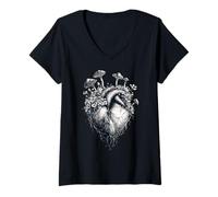 Womens Floral Mushroom Heart Nature Botanical Artistic Graphic V-Neck T-Shirt
