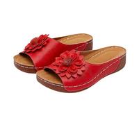 Women's Floral Orthopaedic Wedge Dress Sandals Casual Comfort Open-Toe Leather Platform Sandals with Arch Support Summer Versatile Boho Beach Slip On Peep Toe Open Back Mule Slippers