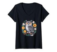 Womens Floral Owl Owls Flowers Bird Animal Nature Artful Creative V-Neck T-Shirt