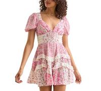 Women's Floral Patchwork A-Line 2025 Mini Dress Y2K V-Neck Tie Back Ruffle Tiered Boho Swing Short Dress (Pink,L)