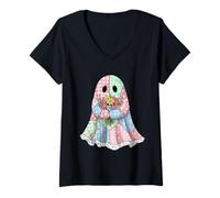 Womens Floral Patchwork Quilt Spooky Sweet Granny Chic Pastel Goth V-Neck T-Shirt