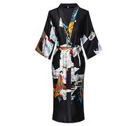 Women's Floral/Patterned Silky Kimono Robes Long Satin Bathrobes Sleepwear Loungewear, Black, XL