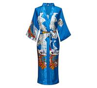 Women's Floral/Patterned Silky Kimono Robes Long Satin Bathrobes Sleepwear Loungewear, Blue, S