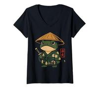 Womens Floral Pet Cosplayer Japanese Animal Art Warrior Frog V-Neck T-Shirt
