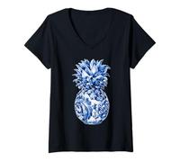 Women's Floral Pineapple with Flowers Chinoiserie Blue Toile Art V-Neck T-Shirt