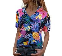 Women's Floral Print Blouse Boho Button Down Shirts Spring Summer Tops 2024 Short Sleeve Hawaiian Tropical Aloha Beach Shirts(Blue,X-Large)