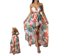 Women's Floral Print Chain Decor Split Thigh Tie Back Cami Dress, Casual Ring Linked Halter Backless Maxi Dress for Beach (01,XL)