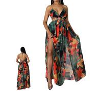 Women's Floral Print Chain Decor Split Thigh Tie Back Cami Dress, Casual Ring Linked Halter Backless Maxi Dress for Beach (02,M)