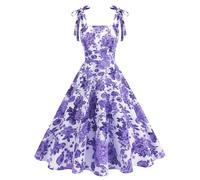 Women's Floral Print Cocktail Dresses Vintage Tie Shoulder A-Line Swing Dress Modest Homecoming Dresses Sleeveless Knee Length Party Dress for Teen Girls My Orders Sale Clearance Purple