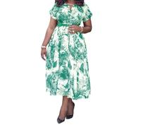 Women's Floral Print Flowy Long Shirt Dress Casual Lapel Short Sleeve High Waist Big Swing Work Party Cocktail Dresses(Green,XXL)