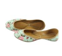 Women's Floral Print Juttis, Mint Green with Pink Roses, Traditional Indian Slip-on Leather Flats, Black and Gold, 4.5 UK