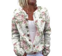 Women's Floral Print Knitted UK Cardigan Vintage Long Sleeve Button Down Sweater Coat Casual Knitwear Jacket Autumn Winter Warm Fashion Ladies Cardigans Elegant Soft Knit for Daily Wear and Office