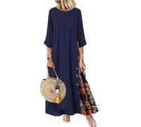 Womens Floral Print Long Sleeves Long Dress Solid Fashion Casual Holiday Dresses (4XL,Dark Blue)