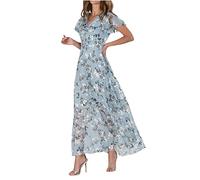 Women's Floral Print Maxi Dress UK V Neck Ruffle Short Sleeve Flowy A-Line Dresses Wedding Guest Dress Summer Beach Casual Elegant Party Sundress