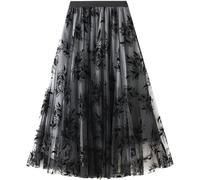 Women's Floral Print Mesh A-Line Midi Skirt 3D Posy Tulle Layered Skirt, B-black Grey, M