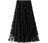 Women's Floral Print Mesh A-Line Midi Skirt 3D Posy Tulle Layered Skirt, Black, S