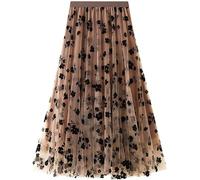 Women's Floral Print Mesh A-Line Midi Skirt 3D Posy Tulle Layered Skirt, Caramel, L