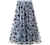 Women's Floral Print Mesh A-Line Midi Skirt 3D Posy Tulle Layered Skirt, Dusty Blue, L