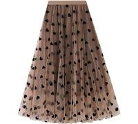 Women's Floral Print Mesh A-Line Midi Skirt 3D Posy Tulle Layered Skirt, Heart-caramel, L