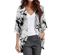 Womens Floral Print Puff Sleeve Chiffon Cardigan Loose Cover Up Casual Blouse Tops Formal Jacket Women Black