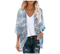 Womens Floral Print Puff Sleeve Chiffon Cardigan Loose Fit Cover Up Casual Blouse Tops Lightweight Long Sweater Duster Layering Jacket Beach Holiday Summer (Blue, M)