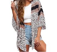 Women's Floral Print Puff Sleeve Kimono Cardigan Loose Cover Up Casual Blouse Tops