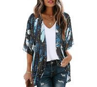 Women's Floral Print Puff Sleeve Kimono Cardigan Loose Cover Up Casual Blouse Tops Firefly Blue Print M