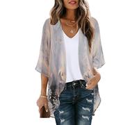 Women's Floral Print Puff Sleeve Kimono Cardigan Loose Cover Up Casual Blouse Tops, Grey Gold Floral, L
