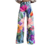 Womens Floral Printed Jeans 2026 Boho Vintage Wide Leg Jean High Waisted Retro Statement Faux Denim Trousers Loose Fit 70s Hippie Oversized Pants Y2K Denim-Like Trouser with Pockets