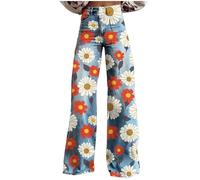Womens Floral Printed Jeans 2026 Boho Vintage Wide Leg Jean High Waisted Retro Statement Faux Denim Trousers Loose Fit 70s Hippie Oversized Pants Y2K Denim-Like Trouser with Pockets