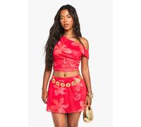 Womens Floral Printed Mesh Mini Skirt - Red - 12, Red
