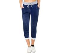 Womens Floral Printed Turn Up Trousers Italian Style Drawstirng Denim Jeans Ladies Summer Casual Pocketed Pants Dark Denim Plain UK 14