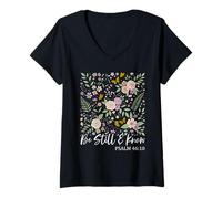 Women's Floral Psalm 46 10 Bible Verse Colorful Christian Faith V-Neck T-Shirt