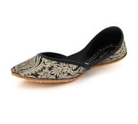 Womens Floral Punjabi Khussa Flats Handmade Mojari Ethnic Slip-On Metallic Elegant Bridal Festive Wedding Party Ladies Black Shoes Size 5 UK 38 EU