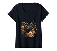 Womens Floral Raven Geometric Accents Cottagecore Botanical Art V-Neck T-Shirt