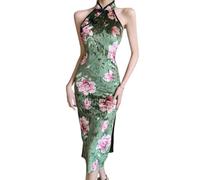 Women's Floral Satin Cheongsam Sleeveless Mandarin Collar High Split Qipao Party Dress Traditional Chinese Costume