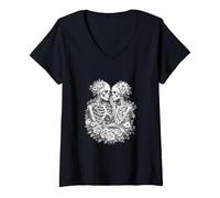 Women's Floral Skeleton Couple Gothic Botanical Dark Romance Graphic V-Neck T-Shirt