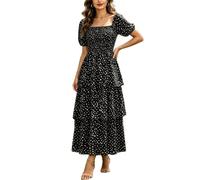Women's Floral Smocked Maxi Dress Square Neck Puff Short Sleeve Tiered Ruffle Cake Skirt Chiffon Flowy A-Line Long Summer Wedding Guest Elegant Ladies Holiday Sundress Printed Dress Black