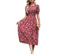 Women's Floral Smocked Waist Midi Dress - A-Line Wedding Guest & Summer Party Dress with Short Sleeves Red