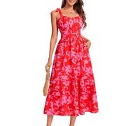 Women's Floral Summer Dress Casual Beach Vacation Smocked Tiered Swing Sweetheart Neckline Dresses Red XL