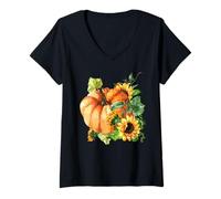 Womens Floral Sunflower and Pumpkin Motif Cute Autumn Fall Graphic V-Neck T-Shirt