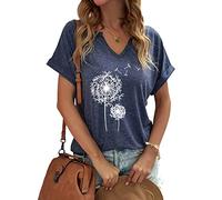 Women's Floral T-Shirts V-Neck Dandelion Sun Flower Graphic Casual Tee Boho Tops Cute Wildflowers Shirts, Dark Blue, S
