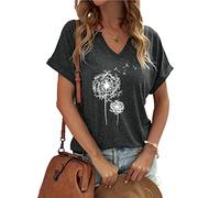 Women's Floral T-Shirts V-Neck Dandelion Sun Flower Graphic Casual Tee Boho Tops Cute Wildflowers Shirts, Dark Grey, XXL